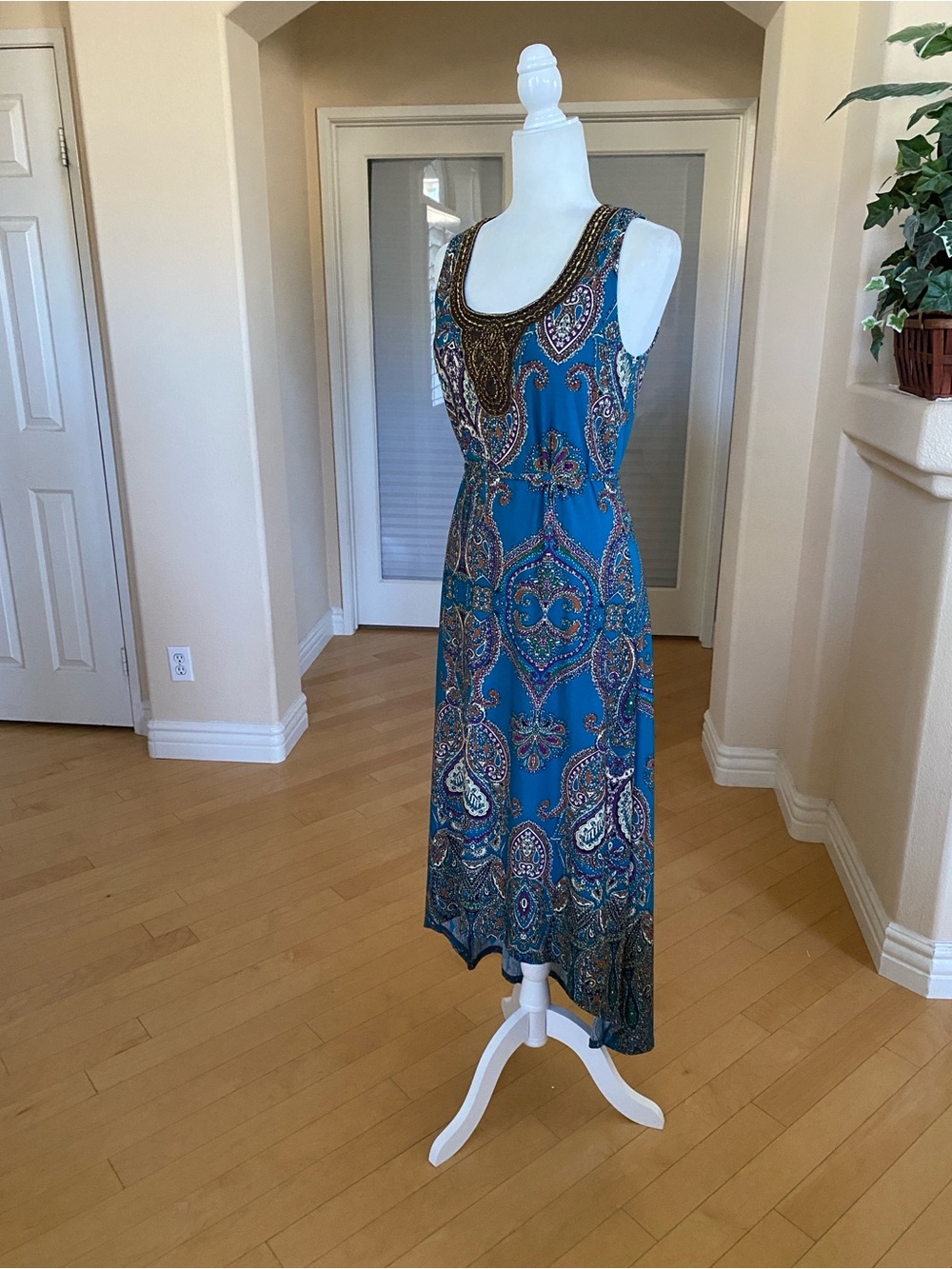 Ellen Tracy Teal Paisley Maxi Belted Dress with Beaded Neckline